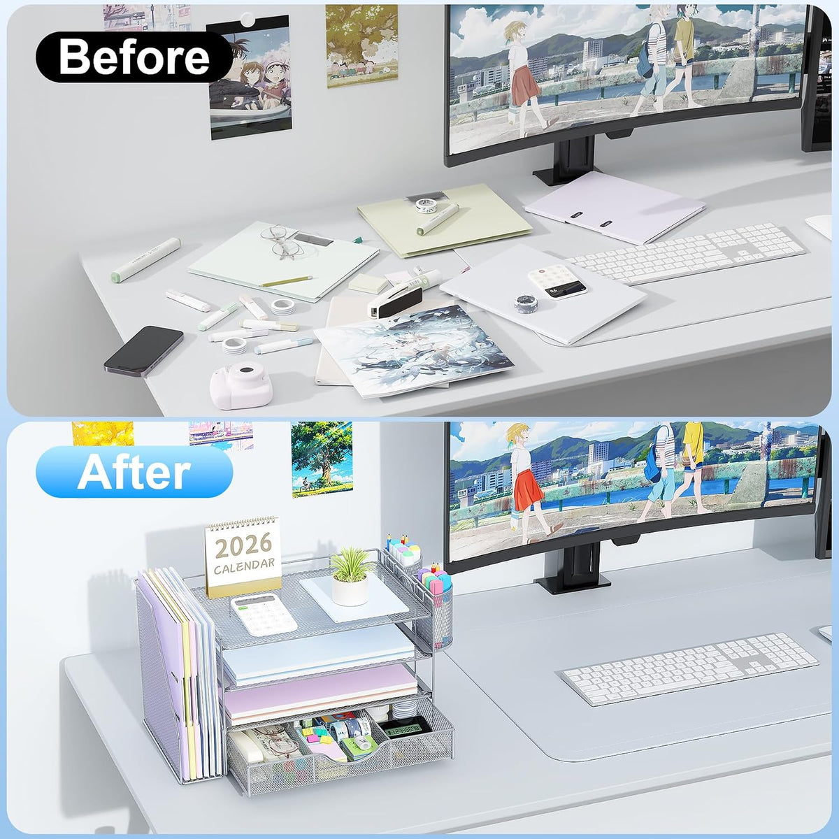 gianotter Desk Organizers and Accessories with File Holder, 4-Tier Desk Accessories & Workspace Organizers with Drawer and 2 Pen Holder, Paper Organizer for Office Supplies (Grey)