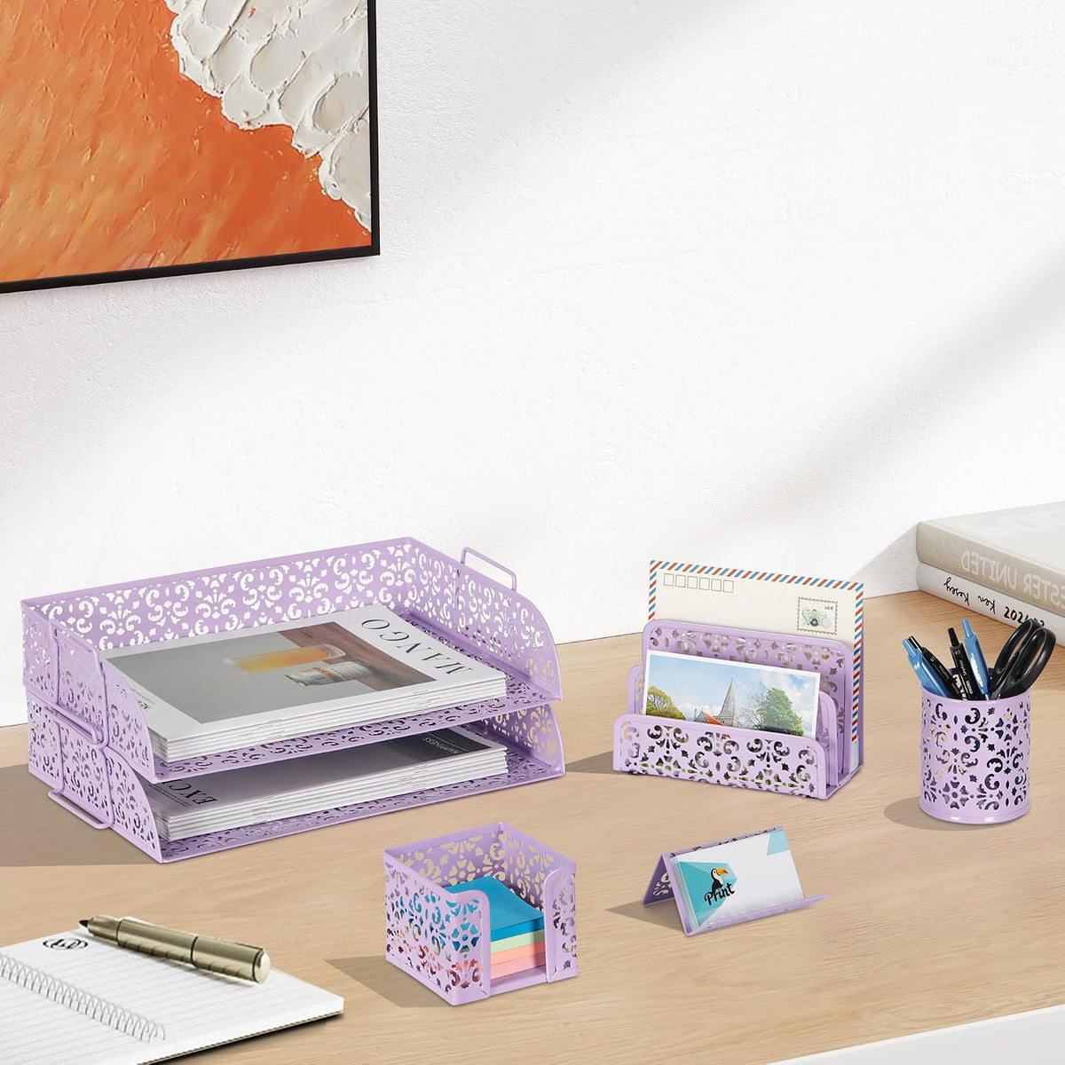 EasyPAG Desk Organizers and Accessories 5 Pieces Office Supplies Set - 2 Tier Paper Tray, Pencil Organizer for Desk, Mail Sorter Countertop, Business Card Holder and Sticky Note Holder, Purple