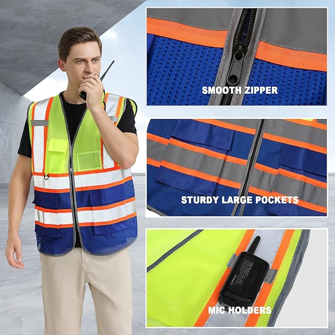 Custom Mesh Safety Vest 5 Pack Customized Logo Class 2 High Visibility Reflective Vest with Pockets Construction workwear（Yellow Blue，XL ）