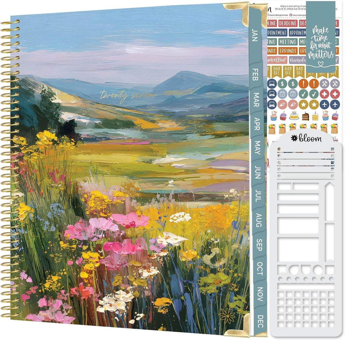 bloom daily planners 2027 HARDCOVER Planner & Stencil - 8.5” x 11" Calendar Year (January - December) Task Goal Planner for Women - Monthly & Weekly Inspirational Agenda Book with Stickers - A New Day