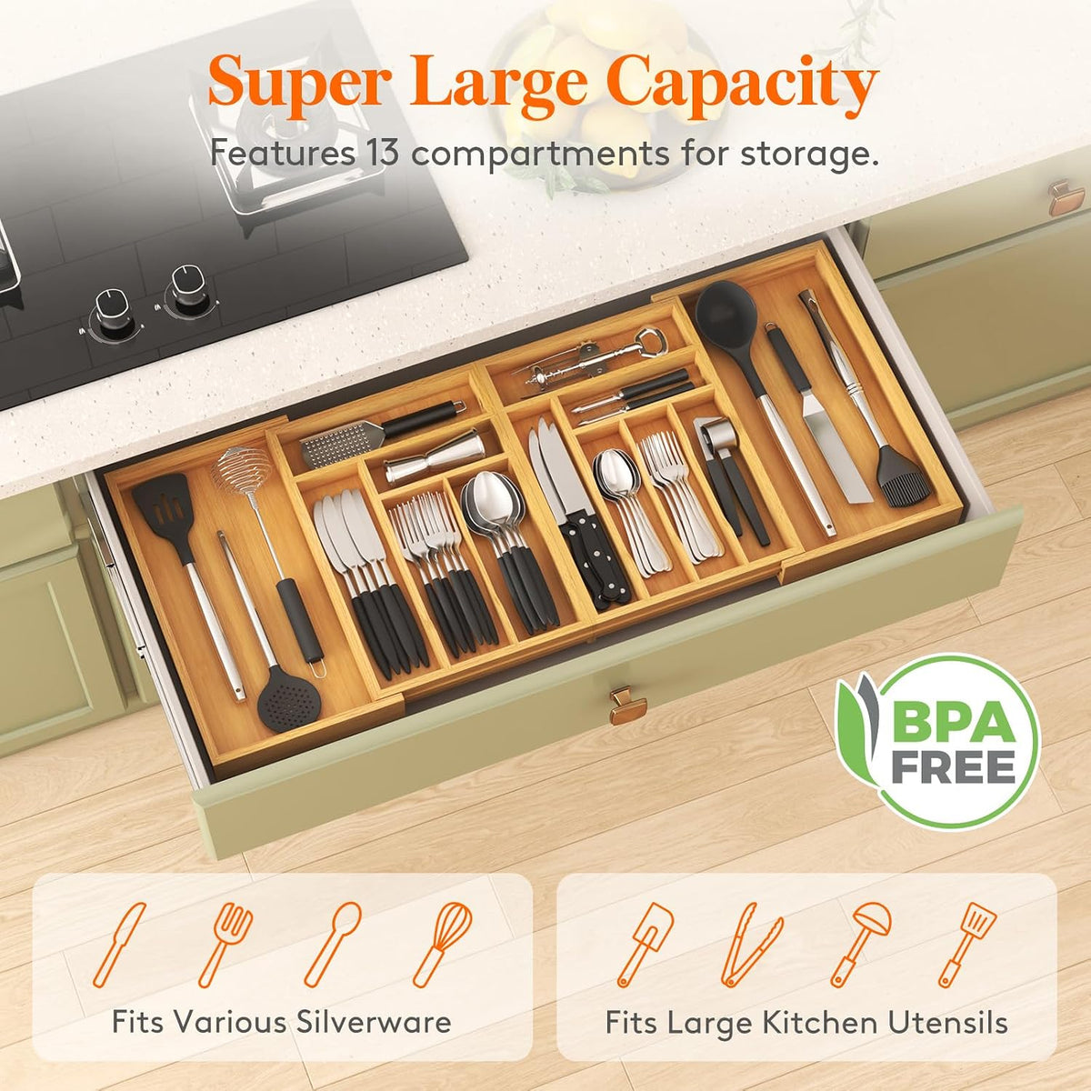 Lifewit Large Silverware Drawer Organizer, Bamboo Utensil Tray for Kitchen