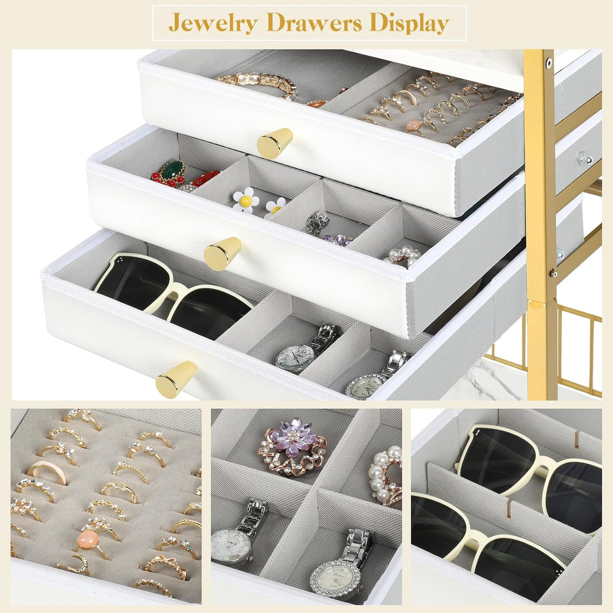 Keebofly Large Floor Jewelry Organizer Stand with 3 Drawers - Gold