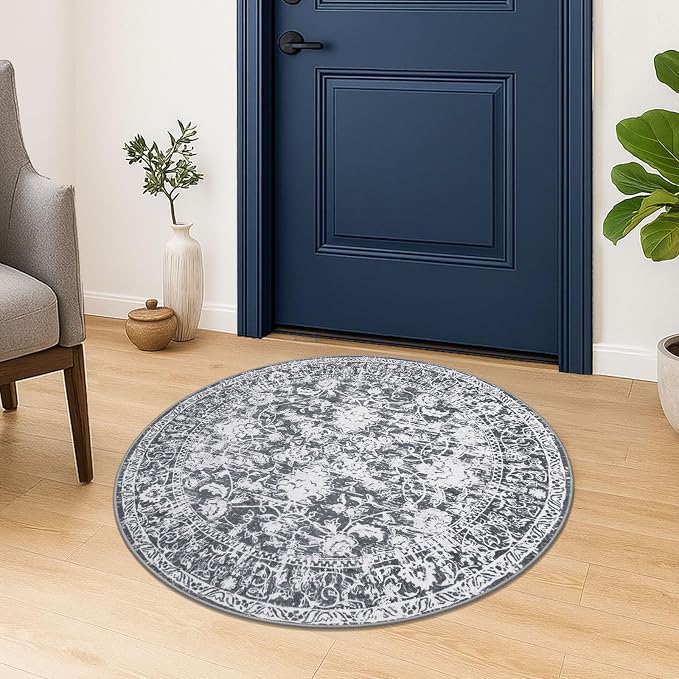 KILOCOCO Round Rug 3ft Vintage Floral Small Circle Rug Machine Washable