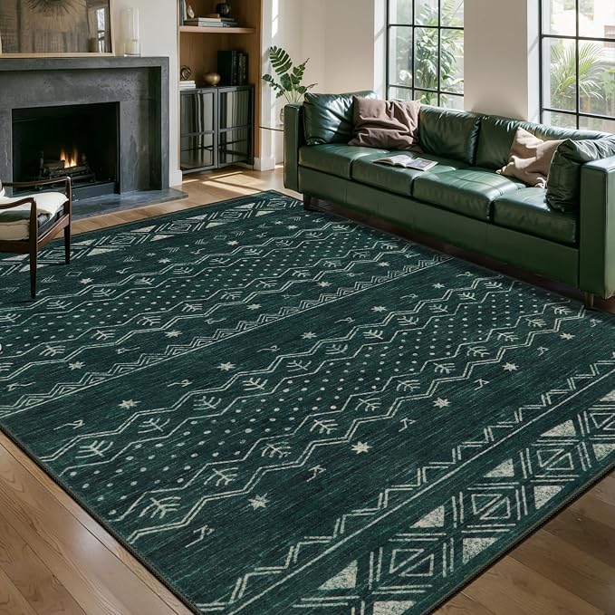 SERISSA 5x7 Area Rugs for Living Room, Washable Non-Slip Dark Green Boho Rug