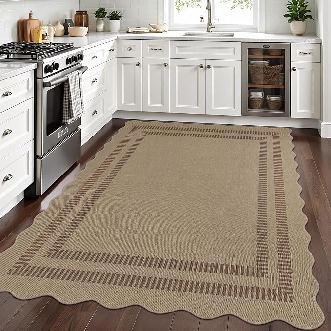 Scalloped 5x7 Rug for Living Room, Easy Jute Washable Outdoor Patio Carpet