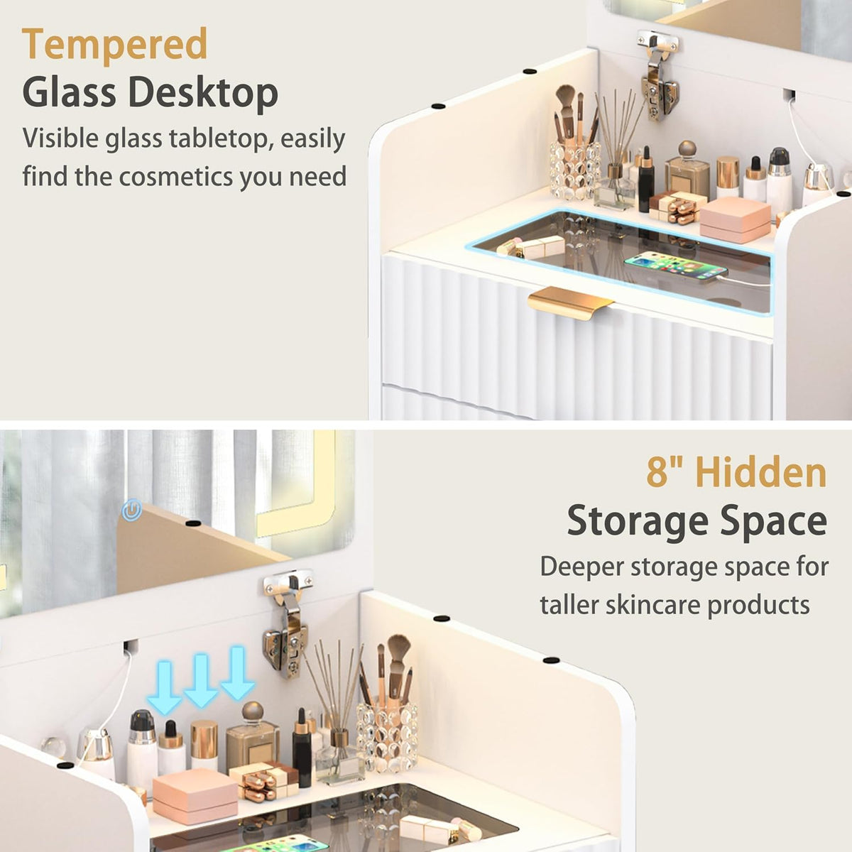 3 in 1 Vanity Desk with Flip Top Mirror and Lights, Small Makeup Vanity with 3 Drawers and Power Outlet, Modern Compact Dressing Table Set with Rolling Hidden Cushioned Stool for Bedroom, White