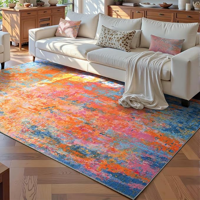 Ompaa Living Room Rug 5x7 Rainbow Area Rugs Washable Boho Colorful Rug Non Slip