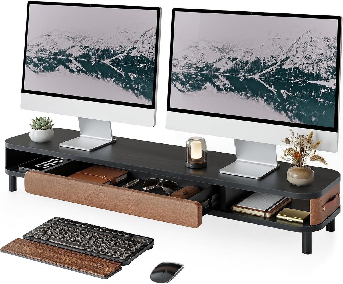 Fenge Dual Monitor Stand with Large Storage Drawer, 42.5" Desk Shelf, Black