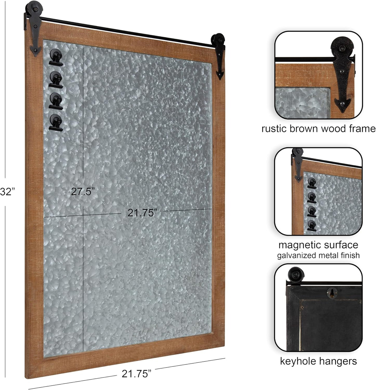 Kate and Laurel Cates Modern Farmhouse Barn Door Wood Framed Galvanized Metal Magnetic Memo Board, Rustic Brown