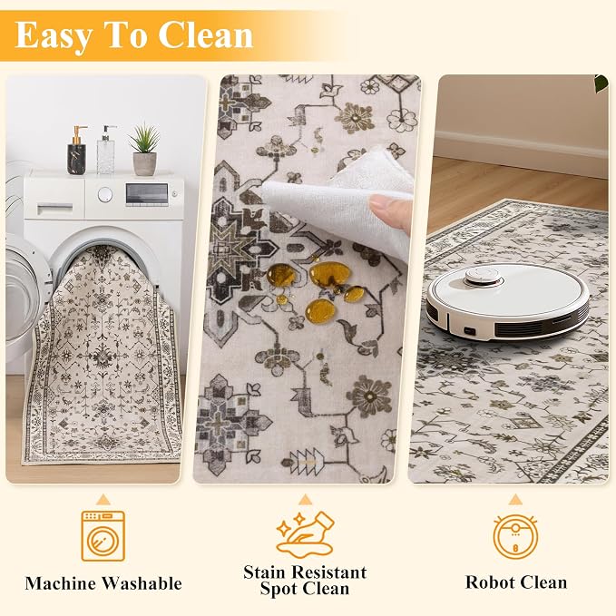 HEBE Washable Aera Rug 2'x 3' Non Slip Door Mat Indoor Entrance, Low Pile