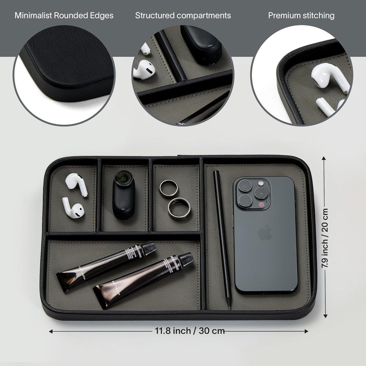 Nordik Leather Valet Tray - Large EDC Tray - Pebble Black 11.8 x 7.9 in