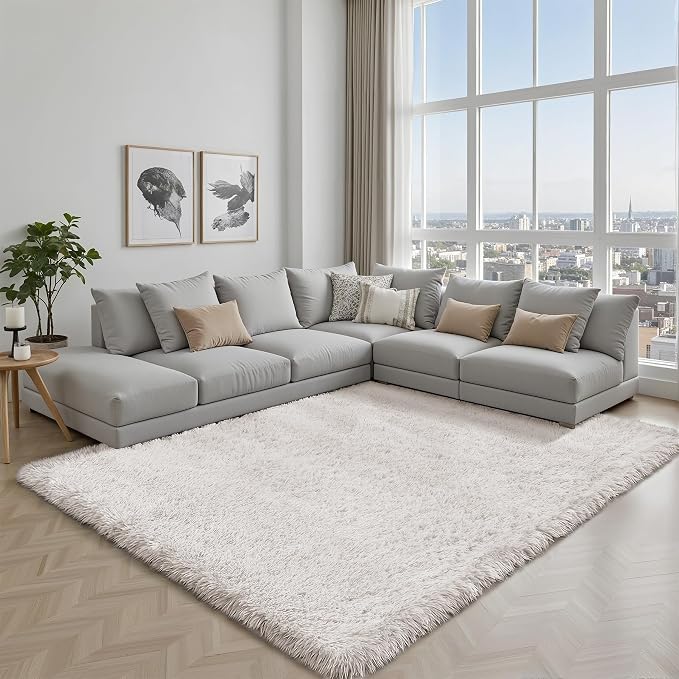 Area Rug for Living Room Bedroom: 4x6 White Soft Fluffy Shag Upgrade Non-Slip