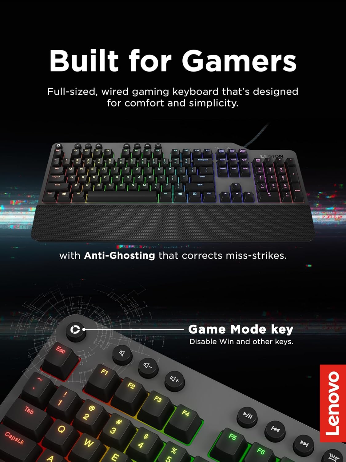 Lenovo GY40T26478 Legion K500 RGB Mechanical Gaming Keyboard, 3 ZONE Full-size Keyboard, 7 user Programmable Hot Keys; 16.8 Million Colors, 50 Million-Click Red Mechanical Keys, Detachable Palm Rest