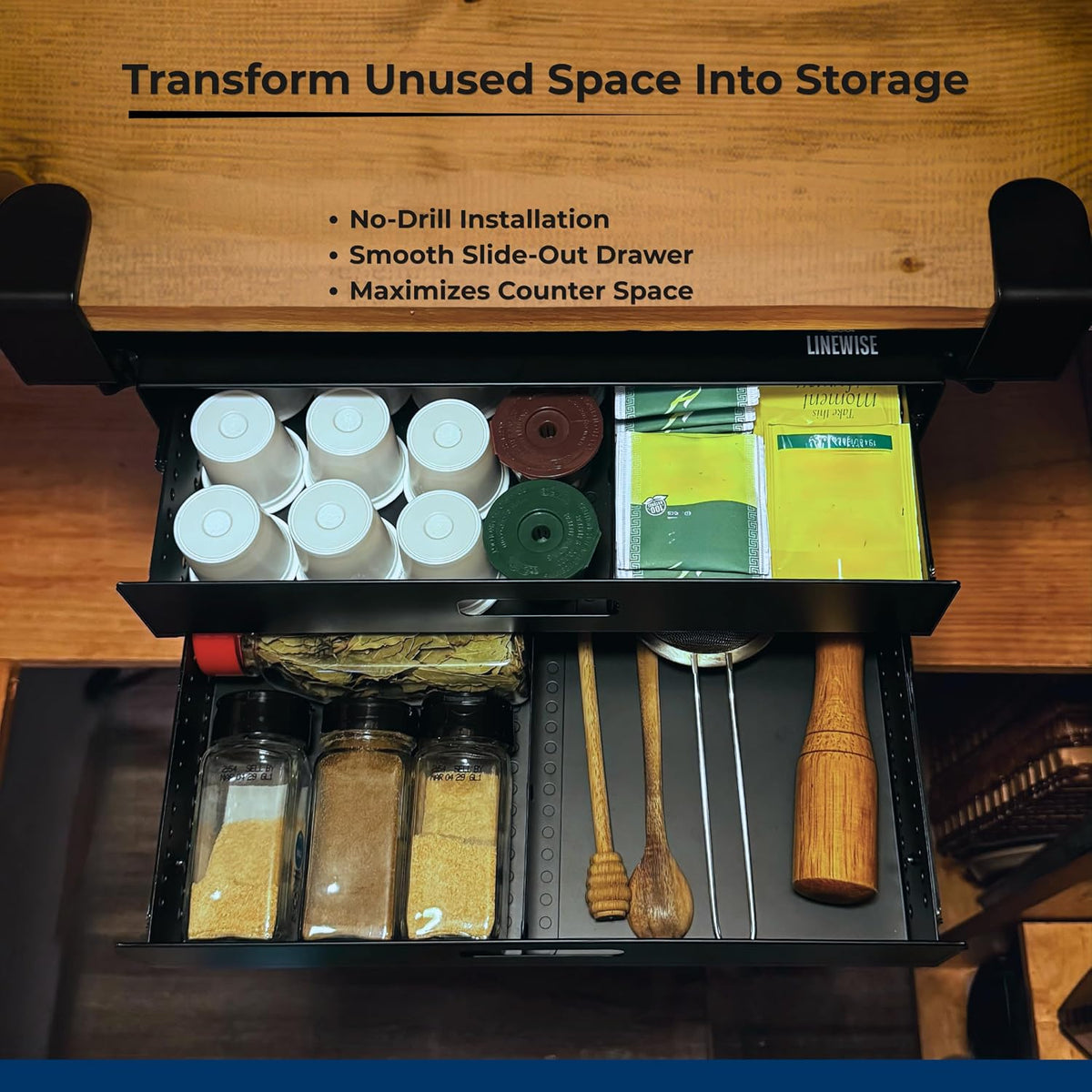 Clamp-On Under Desk Drawer Slide Out - No-Drill Metal Storage, LINEWISE