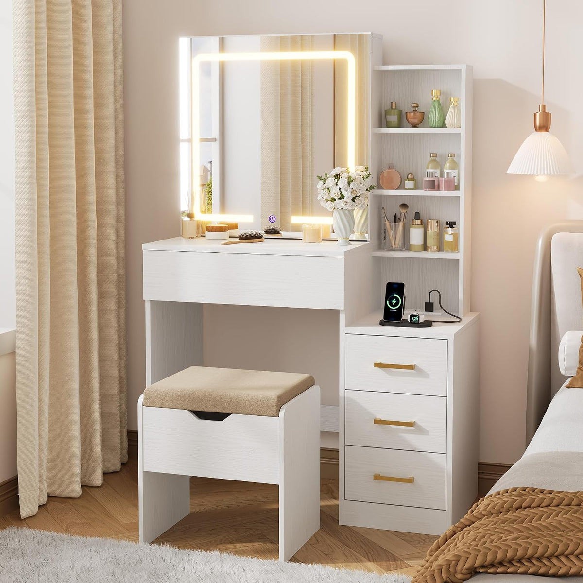 IDEALHOUSE Makeup Vanity Desk with Sliding Lighted Mirror, 4 Drawers, White
