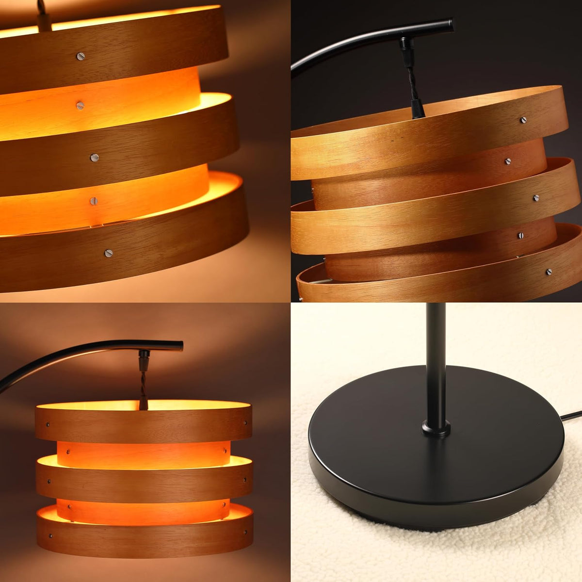 O’Bright Strata Wooden Floor Lamp - Mid Century Modern Standing Lamp with Layered Wood Shade, Tall Reading Lamp for Living Room, Bedroom, Office, Black, Light Oak, Horizon Shade