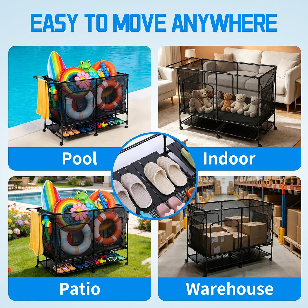 pool float organizer,Bottom Table, Zipper Doors & Rolling Wheels, Portable Easy Assembly,Storage for swim ring, water ball and water gun for Indoor Outdoor Pool Backyard Storage(L)
