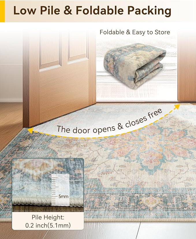 RELEANY Area Rugs 6'x9' Washable Non-Slip, Floral Vintage Distress Medallion