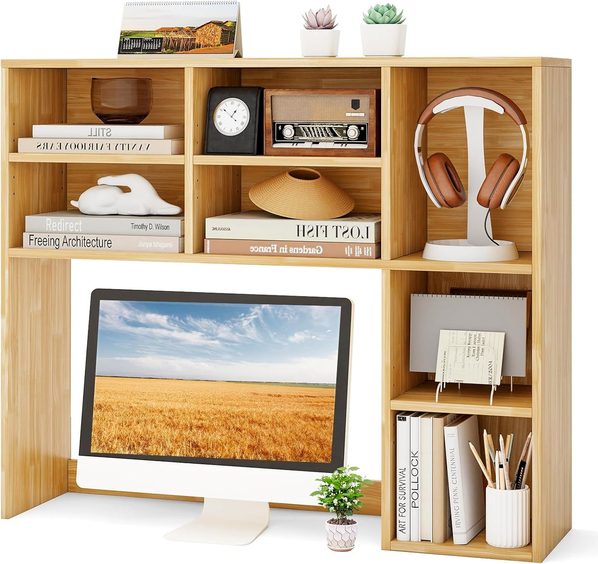 MAT EXPERT Wooden Desktop Bookshelf, Countertop Desk Hutch w/ 7 Cubes & Adjustable Shelves, Anti-toppling Kits, Table Top Organizer Shelf Fits Monitors up to 27” for Dorm, Office, Study (Burlywood)