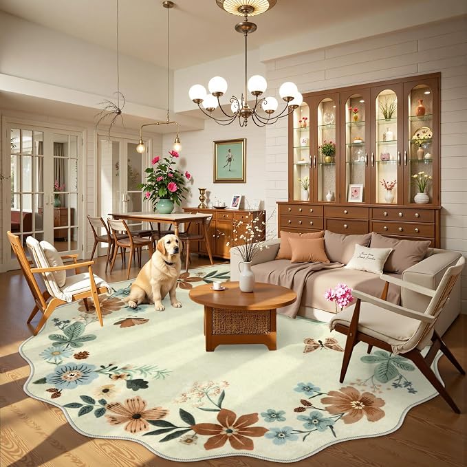 Lahome Floral Washable Round Area Rug, Soft Round Rugs 6ft Ultra-Thin Non-Slip