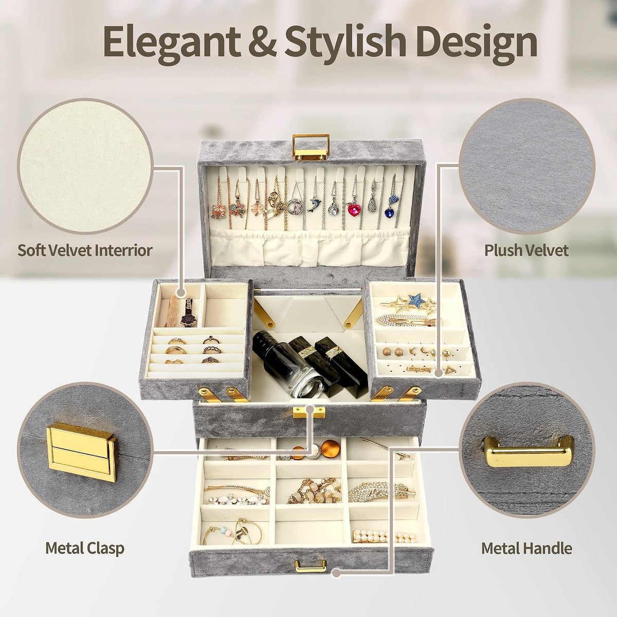 Dajasan Jewelry Organizer Box, Large Velvet Jewelry Boxes for Women Girls, Space-Saving 3 Layers Jewelry Storage Case with Drawer, Movable Metal Stand, Modern, Gift Idea (Grey)