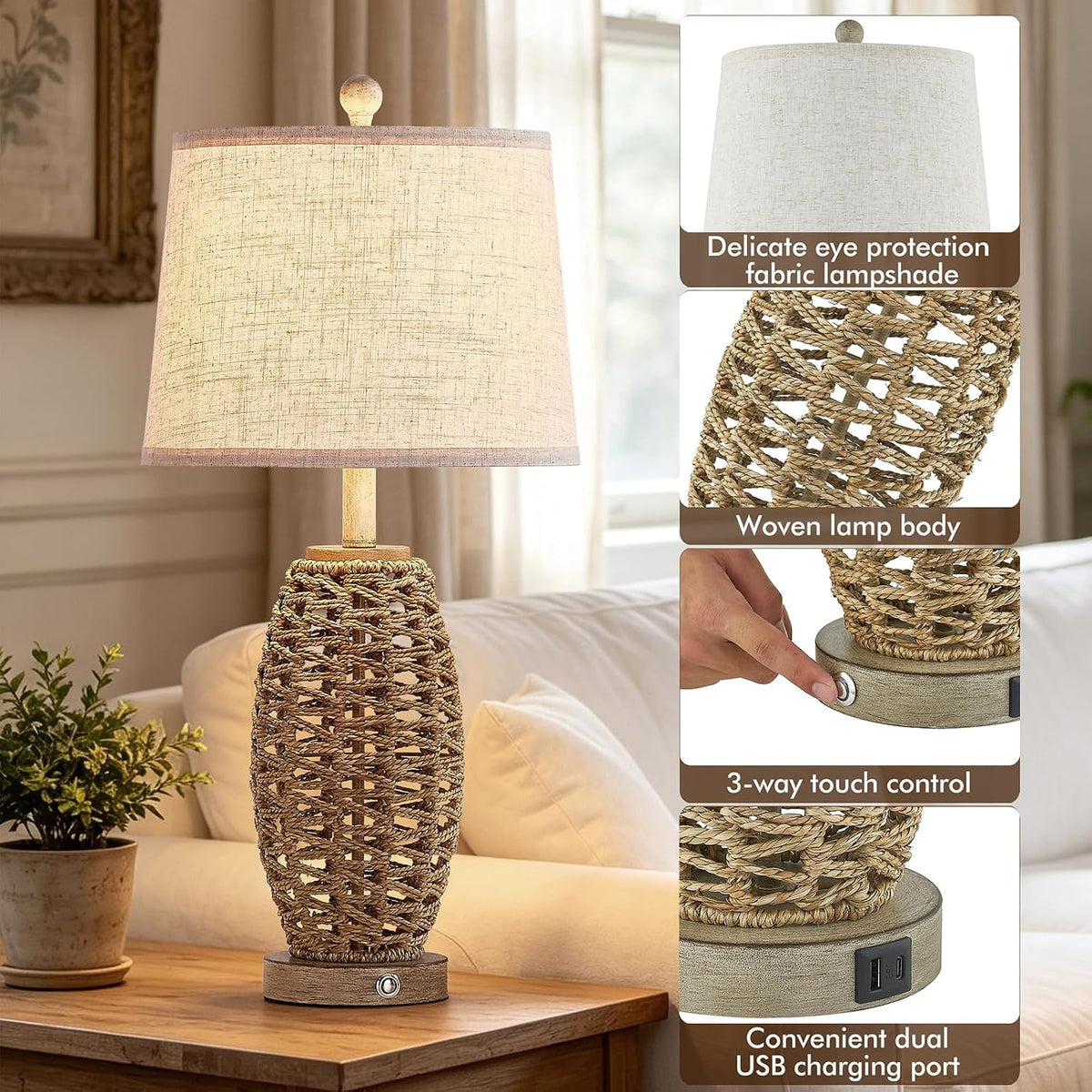 Rattan Table Lamp for Living Room, Dimmable Touch Lamp for Bedside Table in Bedroom or Office, Rustic Vintage Table Lamp with USB Ports, Farmhouse Coastal lamp (Including LED Bulbs)