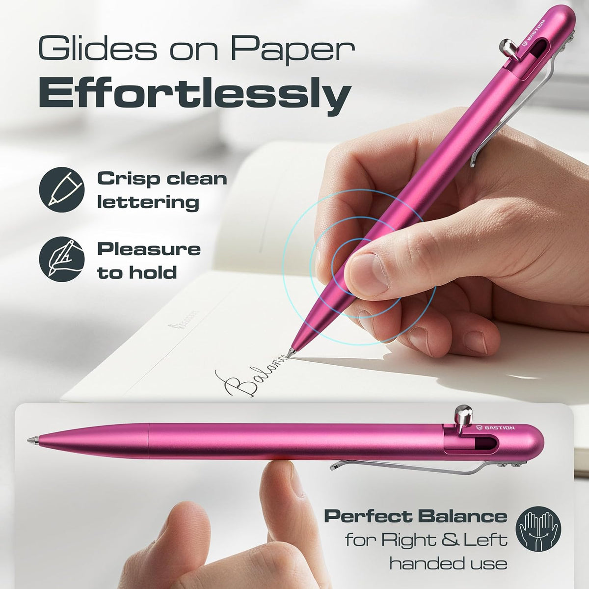 BASTION Slim Aluminum Bolt Action Pen, Stylish Pens for Women, Pink EDC