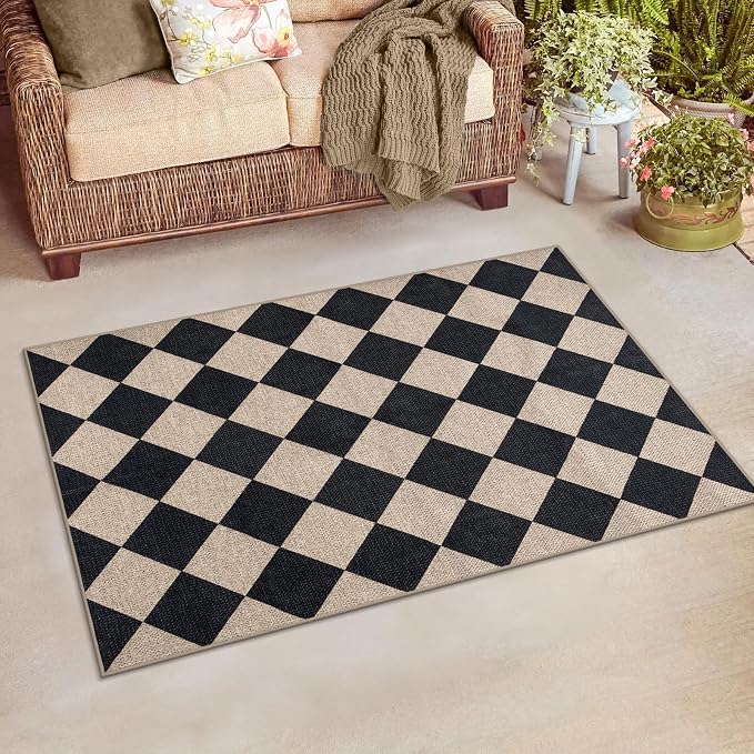 Lahome Checkered Easy Jute 3x5 Entryway Front Porch Rug, Washable Farmhouse