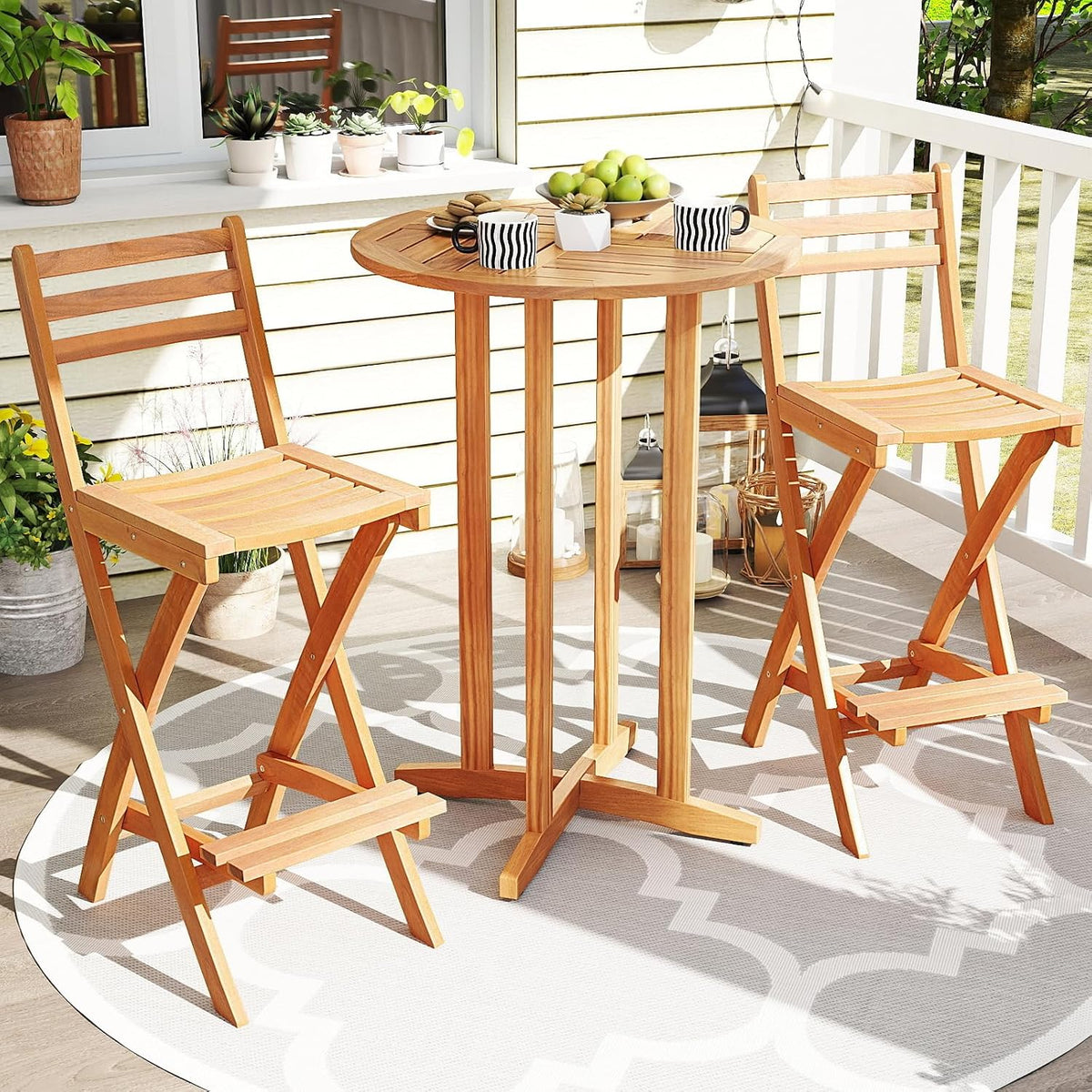 Tangkula Patio Folding Barstool, Outdoor Portable High Top Acacia Wood Bar Height Chair with Backrest & Footrest,for Backyard, Garden, Front Porch (1)