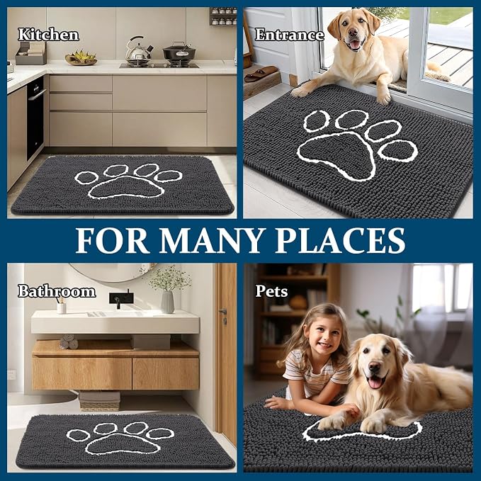 OLANLY Dog Door Mat for Muddy Paws 34x21, Paw Print Design, Absorbs Moisture