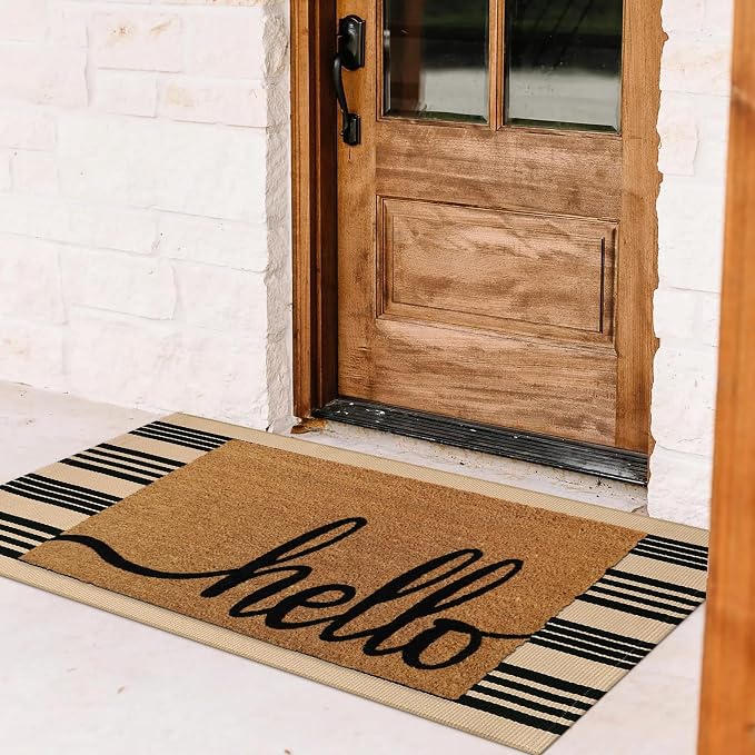 Striped Outdoor Front Door Mat 24"x51", Cotton Hand Woven Washable Black and