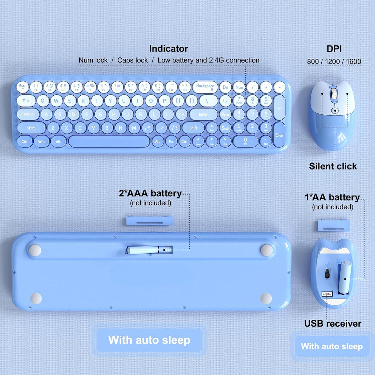 MOFII Wireless Keyboard and Mouse Combo, Full Size 2.4G Retro Round Computer Keyboard and Mouse Set, Plug and Play, for Windows, Computer, Desktop, PC, Notebook - (Blue Gradient)