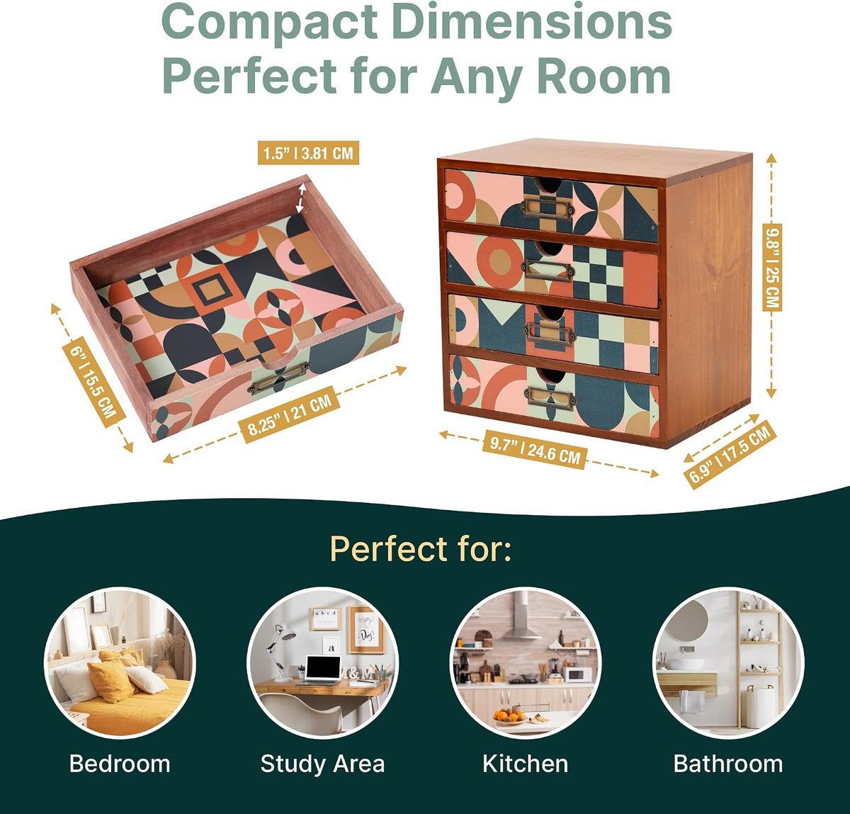 Mid-Century Modern Geometric Pattern Desk Organizer - Earth Tone Desktop Storage with 4-Drawer - Retro Modern Wood Cabinet for Office Supplies, Craft Tools, & Home Organization - MCM Drawer Unit