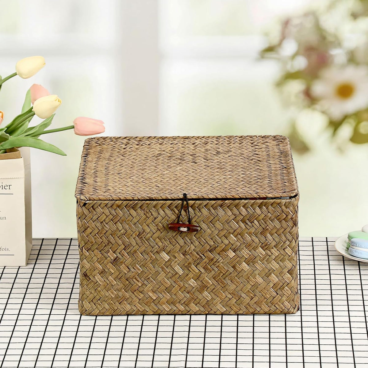 Hipiwe Seagrass Wicker Storage Basket Bin Boxes with Lid, Coffee, X-Large