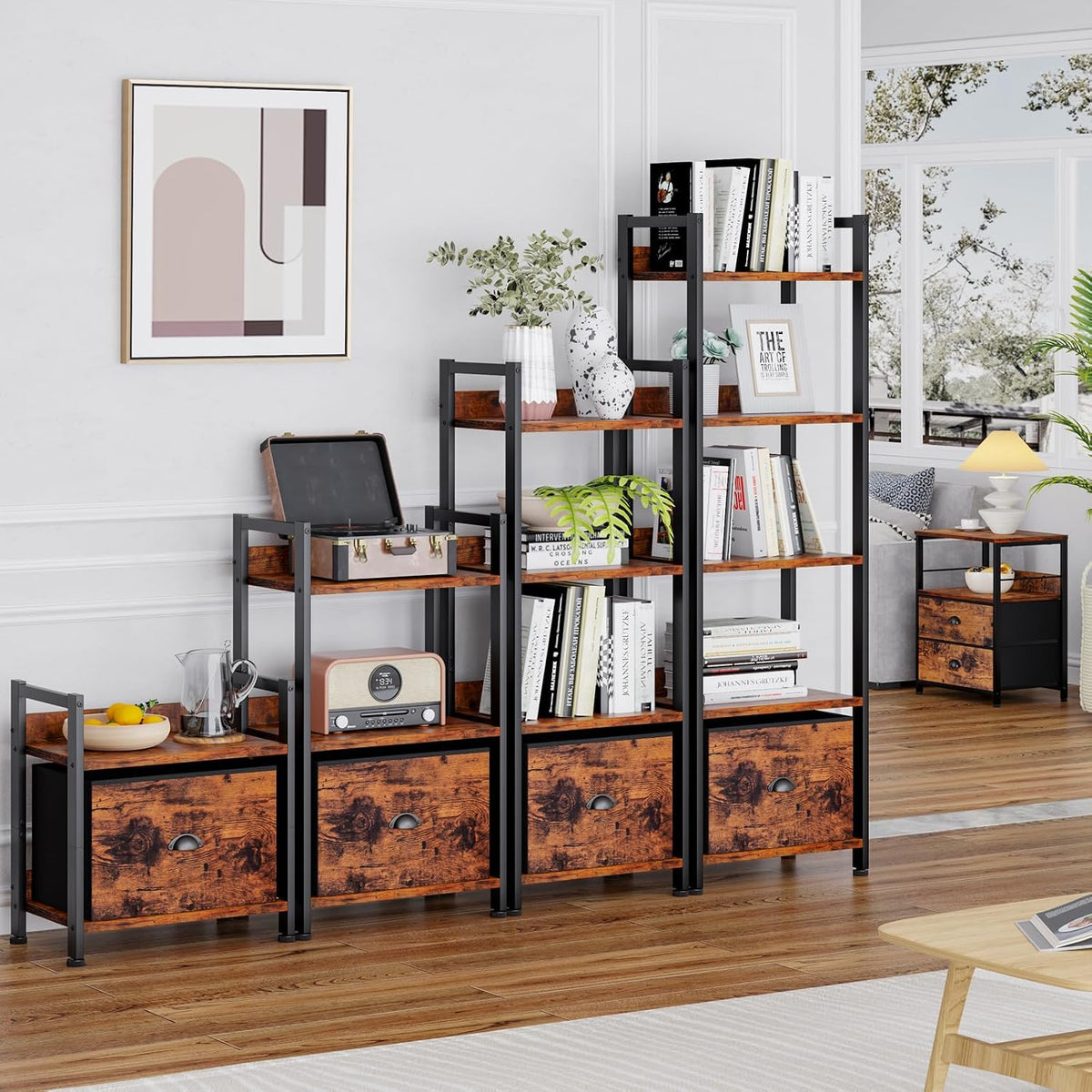 Furologee 5 Tier Bookshelf with Drawer, Tall Narrow Bookcase, Rustic Brown