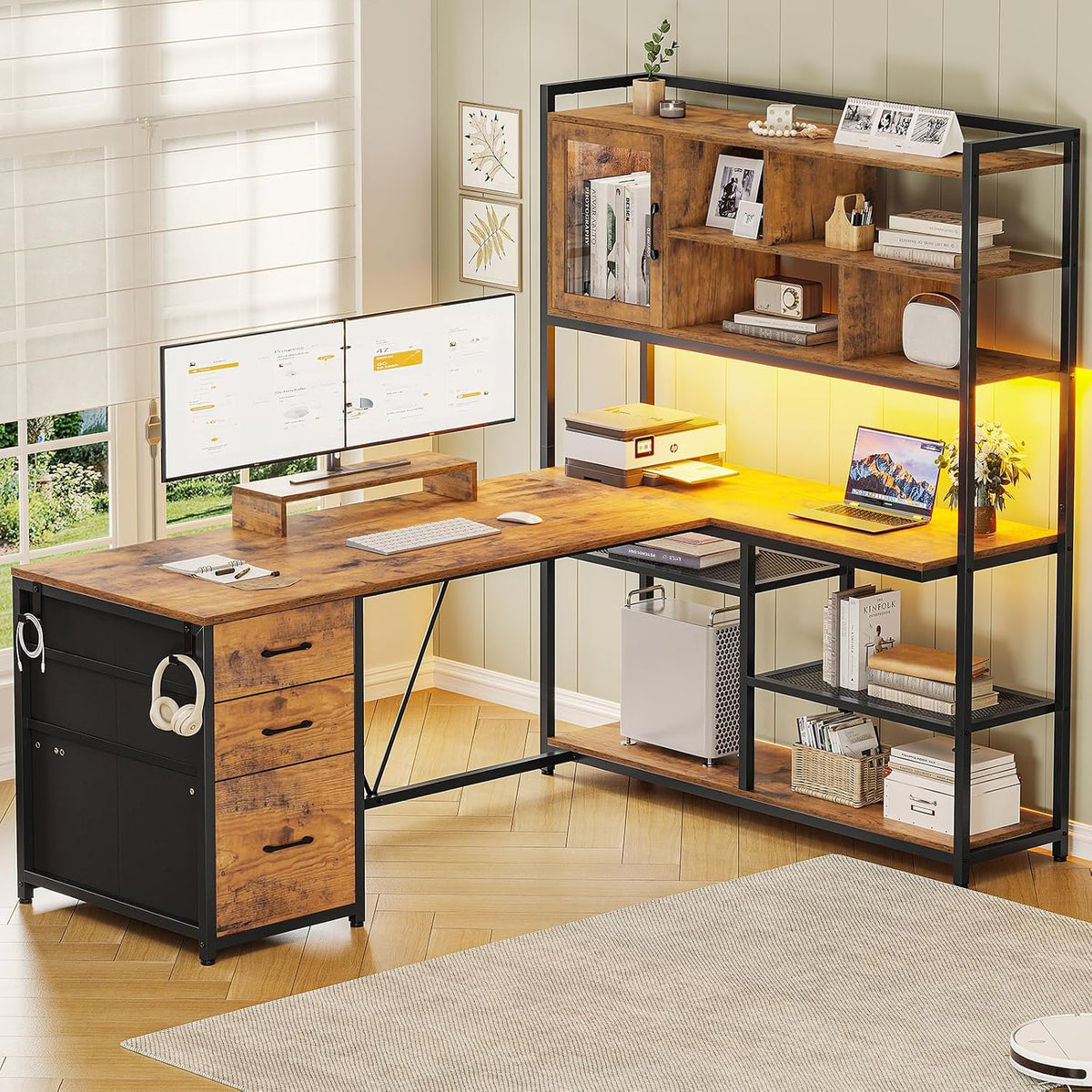 SEDETA 58'' L Shaped Computer Office Desk with 3 Drawers and Bookshelf
