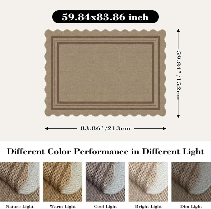 Scalloped 5x7 Rug for Living Room, Easy Jute Washable Outdoor Patio Carpet