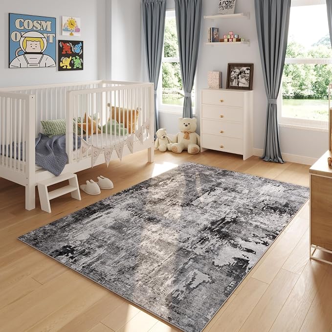 Rugcomf 4x6 Rug Washable Boho Soft Area Rug Abstract Pattern Non-Slip Faux Wool
