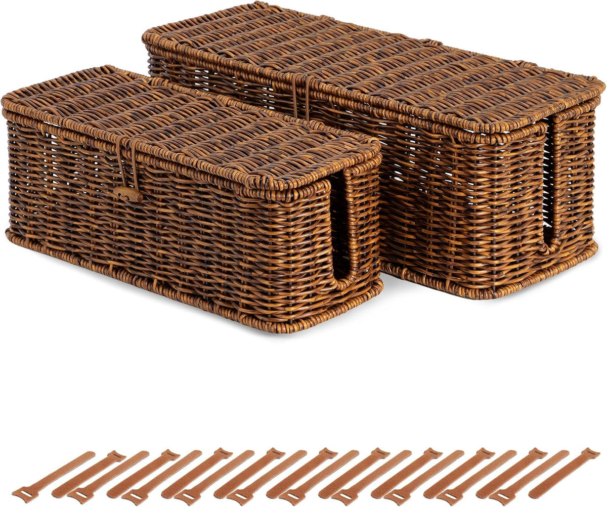 Cable Management Box, Cord Organizer with Lid & Cable Ties - Brown Set
