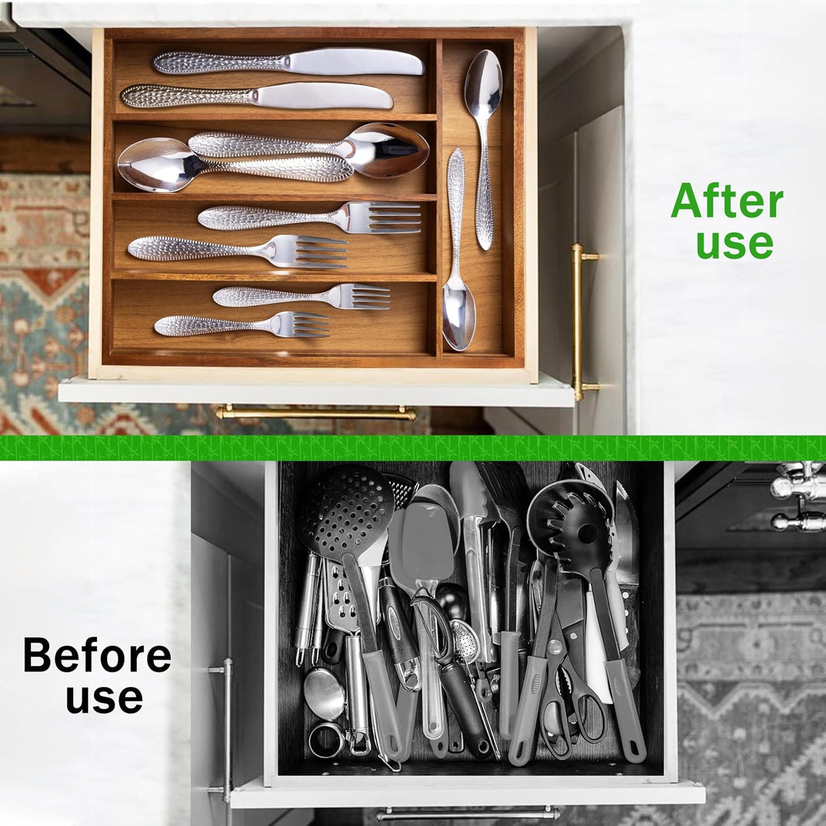 Greenual Acacia Wood Silverware Organizer 10 In Utensil Organizer Silverware Tray for Drawer Cutlery Flatware Organizer for Kitchen 2 Pack
