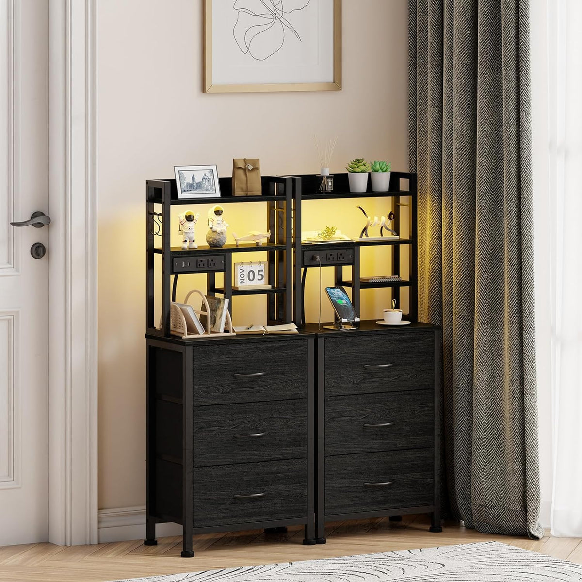 Furnulem Black Nightstand with Bookshelf, Tall Bedside Table & Night Stand