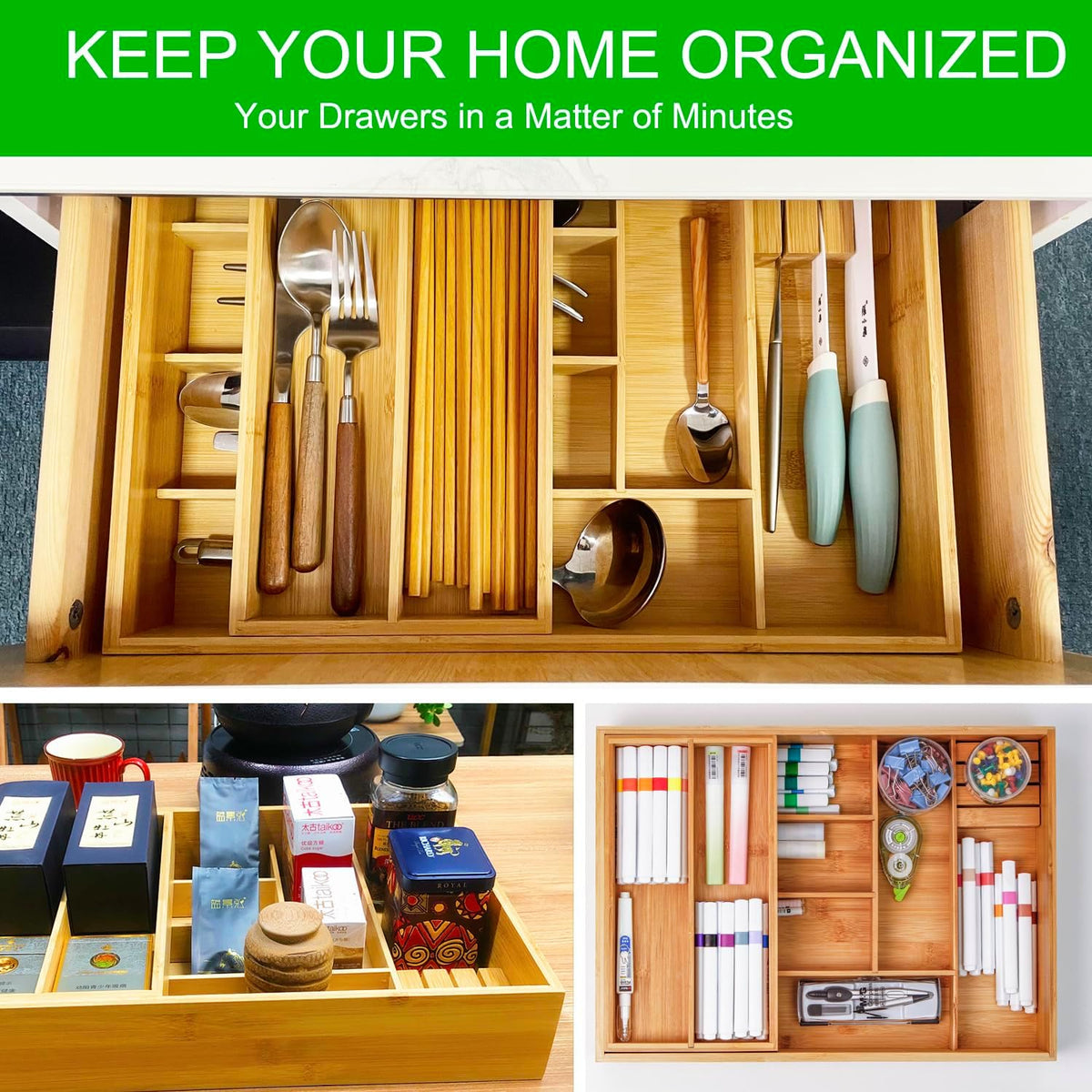 COIWAI Two tier Bamboo kitchen Drawer Organizer Cutlery Utensil Silverware Organizer Tray for Drawer, double layer Holder Drawer Dividers for Flatware (L: 16.85 × 12.2 in)