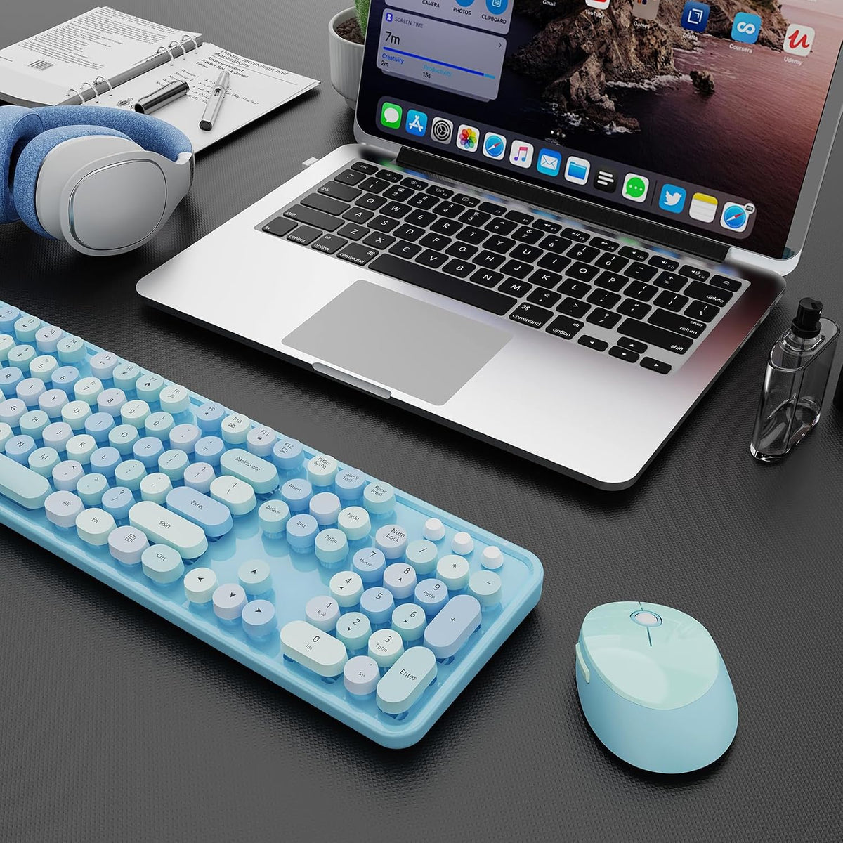 Wireless Keyboard and Mouse Combo, Ergonomic Full Size Typewriter Retro Round Keycaps Keyboard, Compatible with Windows, PC, Perfer for Home and Office Keyboards (Blue