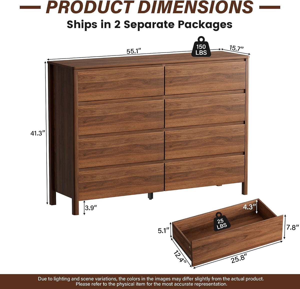 Furniway 55" Wide 8 Drawer Wood Dresser for Bedroom with Legs, Walnut