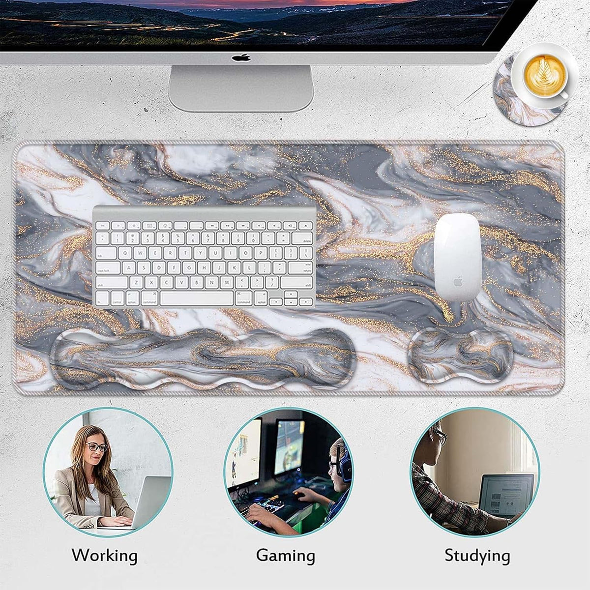 Mouse Pad Set,(31.5×11.8 in) Desk Pad + Keyboard Wrist Rest Support + Mouse Wrist Rest + Coaster for Office,Home,Computer,Laptop - 4 Grey Gold Marble