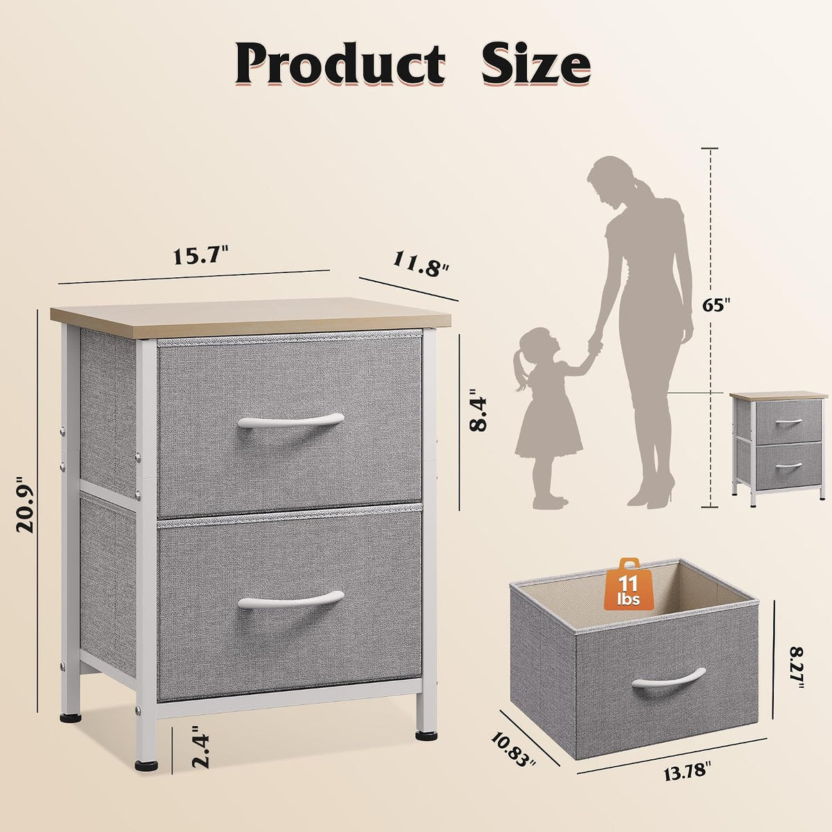 WLIVE Night Stand, Gray Nightstand with 2 Fabric Drawers, Small Dresser for Bedroom, Closet, College Dorm, End Table Side Furniture, Wood Top, Light Grey