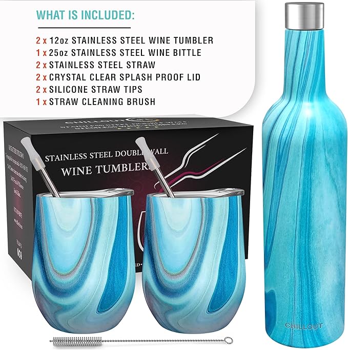CHILLOUT LIFE 12 oz Stainless Steel Wine Tumblers 2 Pack & 1 Insulated Wine