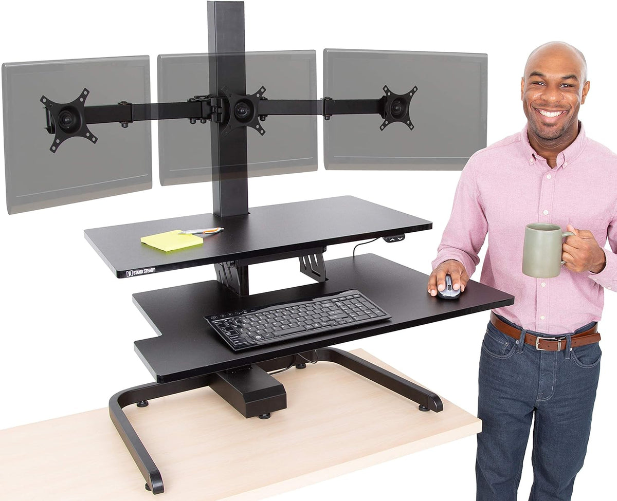 Stand Steady Techtonic Electric Standing Desk Converter wIth Triple Monitor Mount, 3 Screen Support, Quiet Sit-Stand Desk with Button Control, Keyboard Tray, Ideal for Gaming & Computer Work (Black)