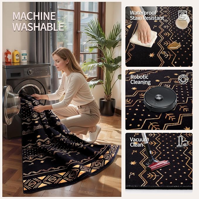 SERISSA 9x12 Area Rugs for Living Room, Washable Non-Slip Black and Gold Boho