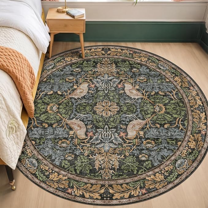 Washable Round Area Rugs 6ft for Living Room, Vintage Large Boho Floral Bird